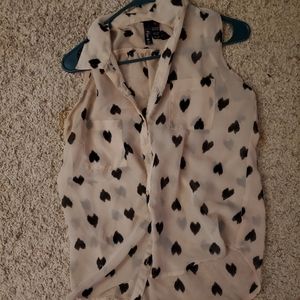 Sheer pink button down shirt with hearts